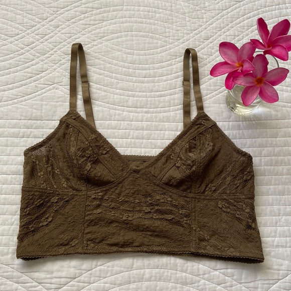 Free People Longline Bralette Lace Bustier Dark Olive Small - Picture 1 of 16